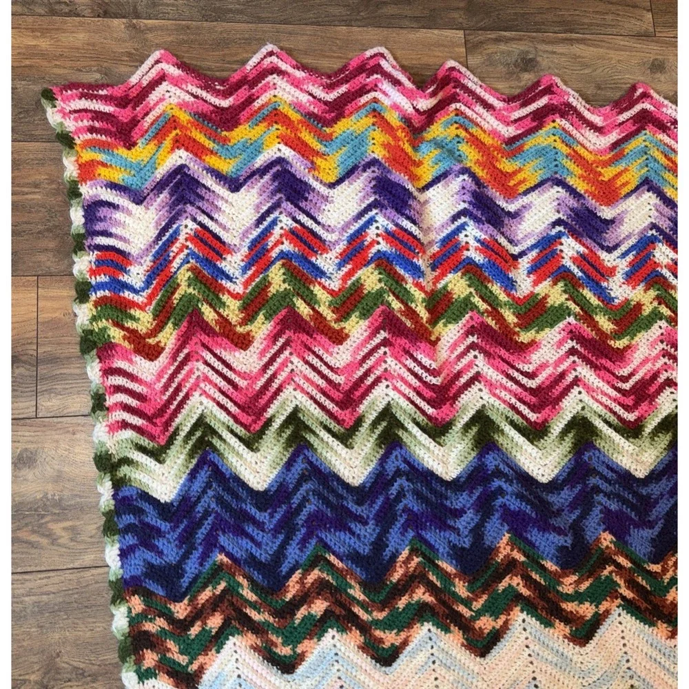 Vtg 70s Crochet Handmade Afghan Multicolor Throw Blanket Chevron Zig Zag 7ftx6ft